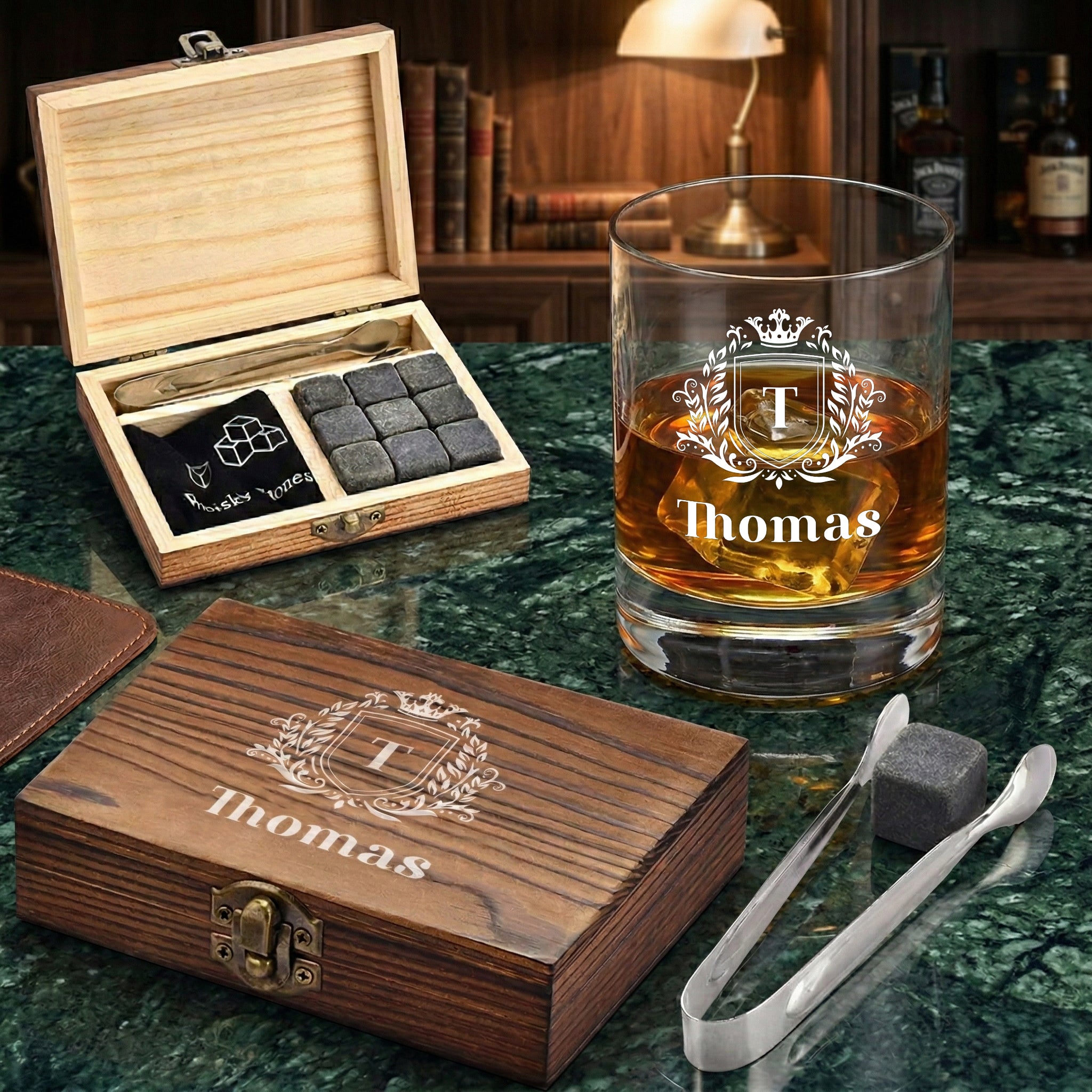 Whisky Geschenkset 5-teilig mit Kühlsteine & Tumbler 320 ml - mit Gravur