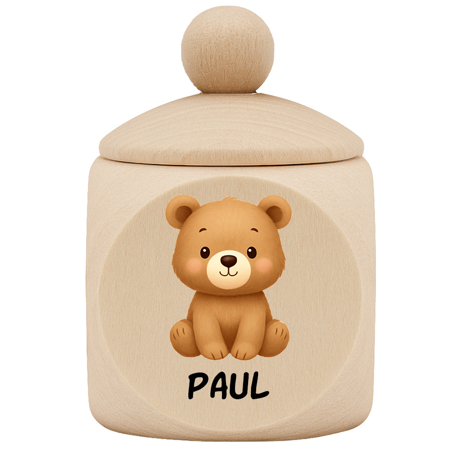 Personalisierte Milchzahndose aus Ahornholz mit Tiermotiv & Name - Zahndose aus Holz für Kinder mit Schraubverschluss