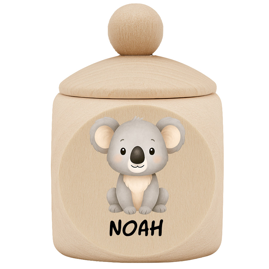 Personalisierte Milchzahndose aus Ahornholz mit Tiermotiv & Name - Zahndose aus Holz für Kinder mit Schraubverschluss