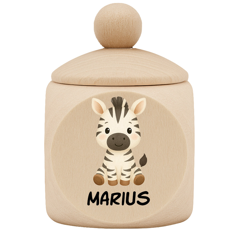 Personalisierte Milchzahndose aus Ahornholz mit Tiermotiv & Name - Zahndose aus Holz für Kinder mit Schraubverschluss