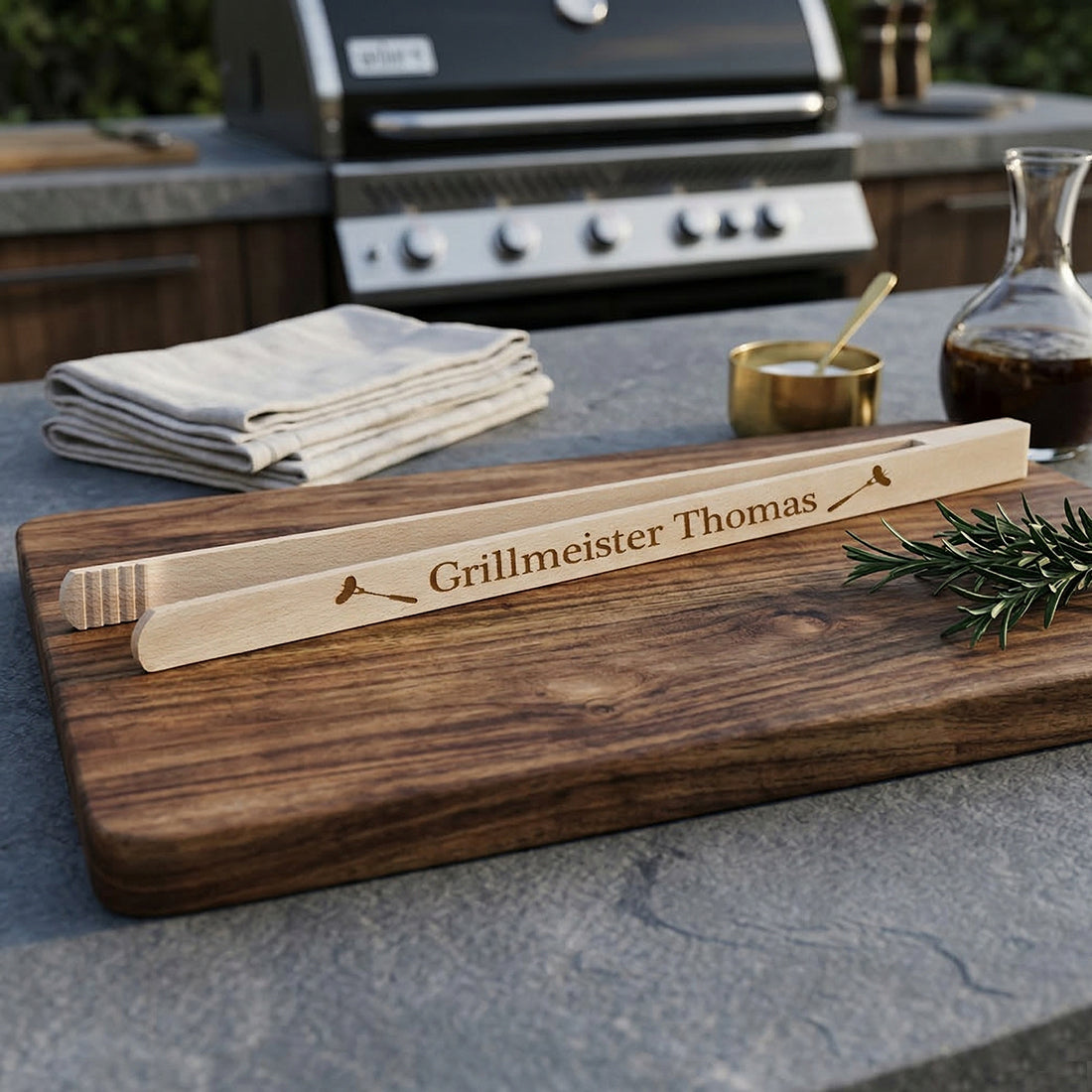 Personalisierte Grillzange aus Buchenholz mit Lasergravur Grillmeister und Wunschname auf Holzbrett