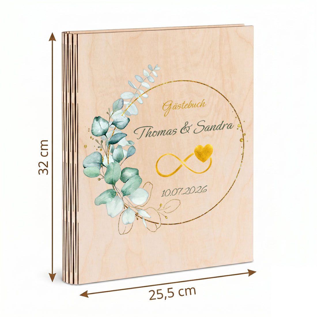 Personalisiertes Hochzeitsgästebuch aus Holz DIN A4 mit Namen & Goldmotiv