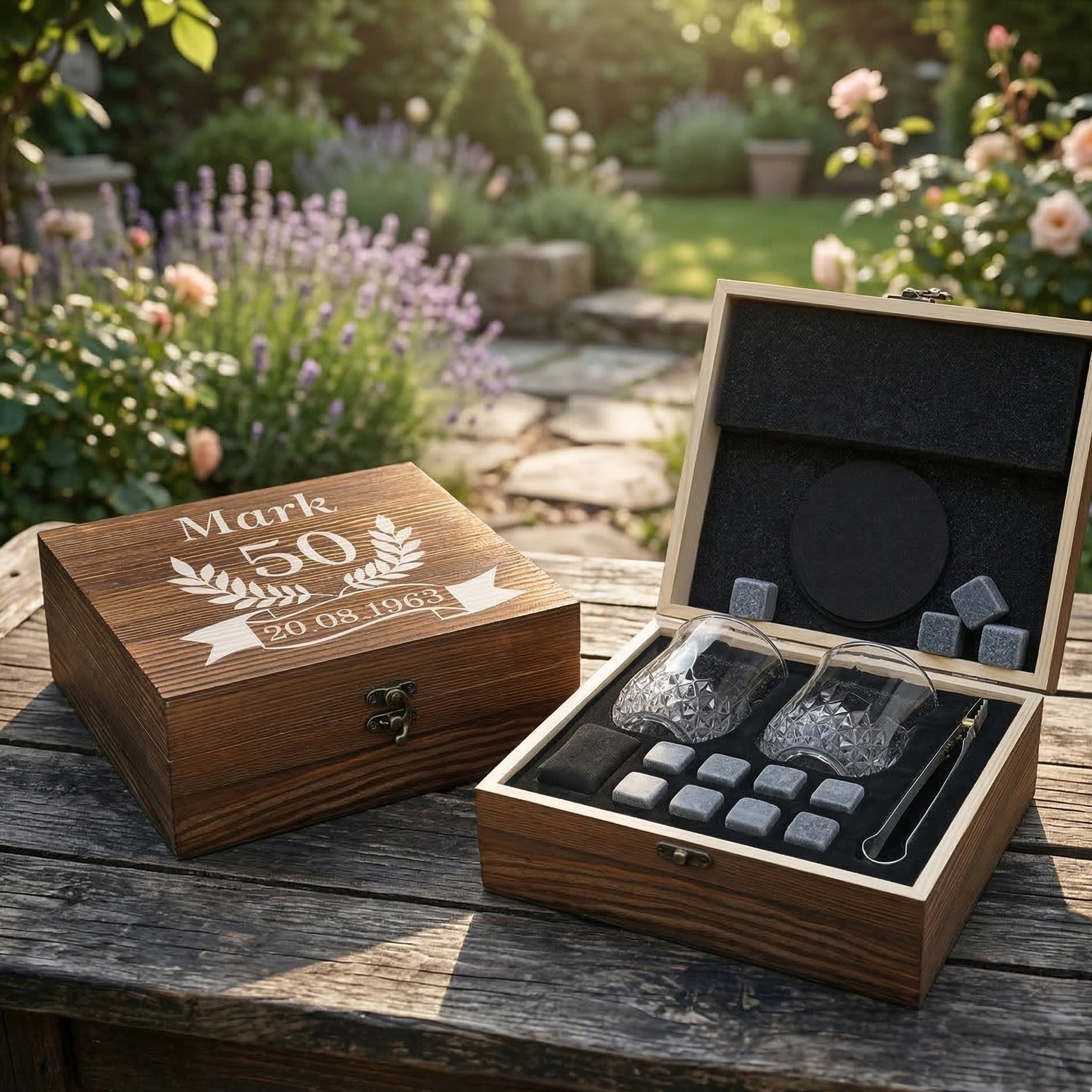 Whisky Geschenkset mit Kühlsteinen, 2 Whiskygläser und gravierter Kiste - Motiv Jubiläum