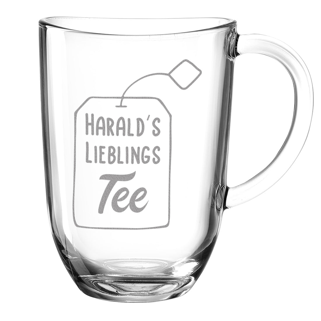 Leerer Glasbecher mit Henkel und mattierter Lieblingstee-Gravur mit Beispielname Harald