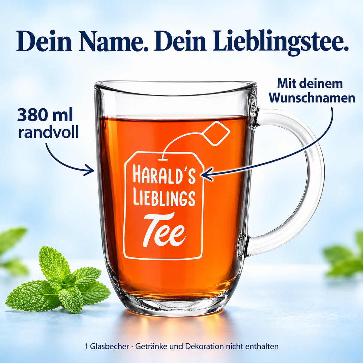 Infobild zum personalisierten Teeglas mit 380 ml Randvollvolumen und Wunschnamen im Teebeutel-Motiv