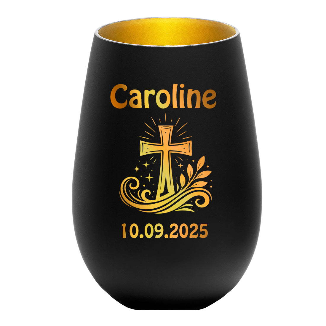 Personalisiertes Teelicht Schwarz-Gold mit Gravur - Name & Datum selbst gestalten