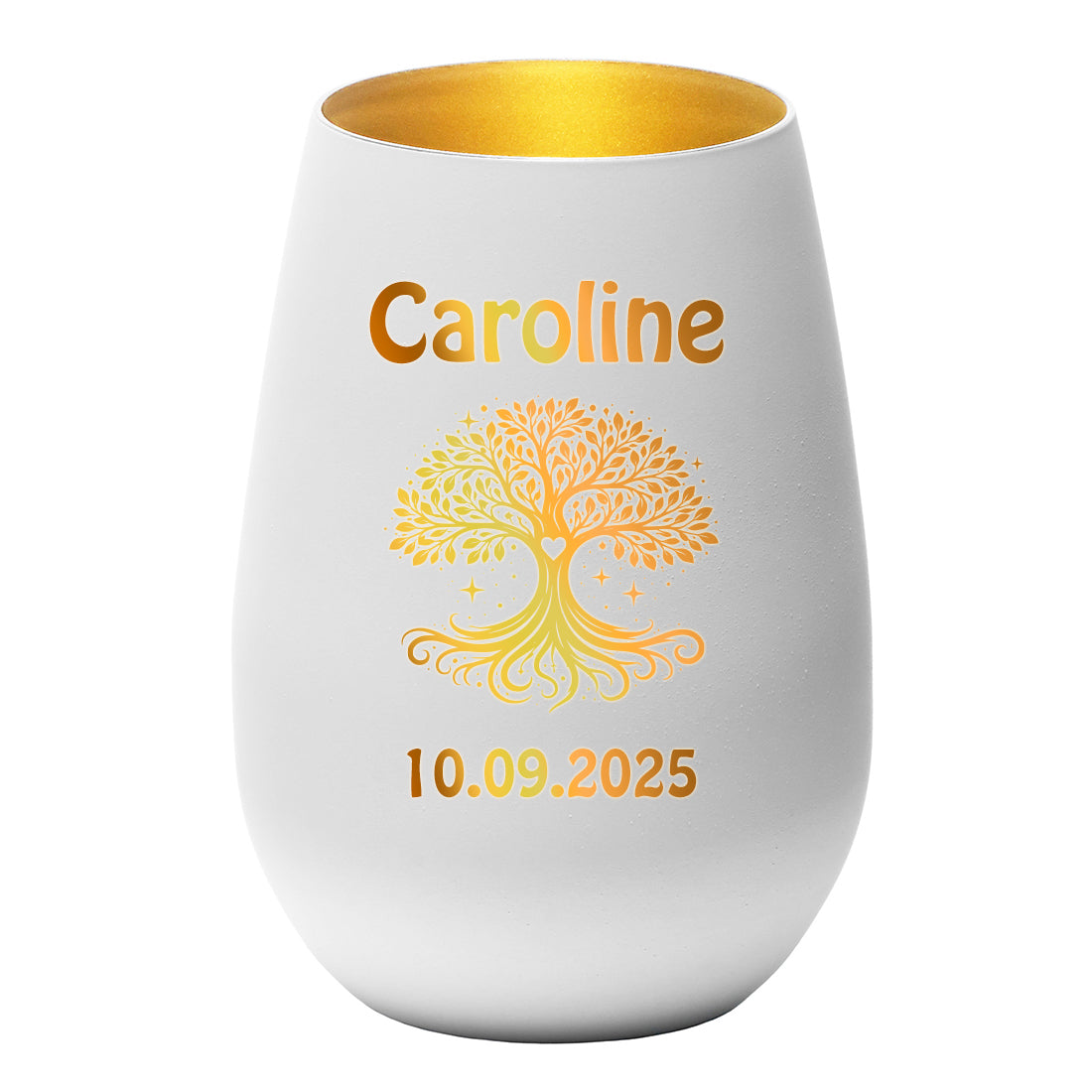 Personalisiertes Windlicht Weiß & Gold mit Name, Datum