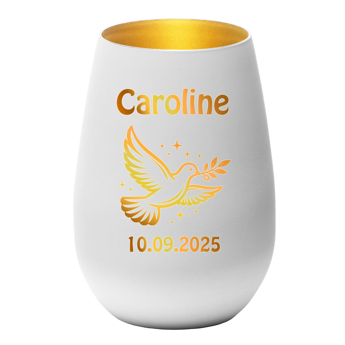 Personalisiertes Windlicht Weiß & Gold mit Name, Datum