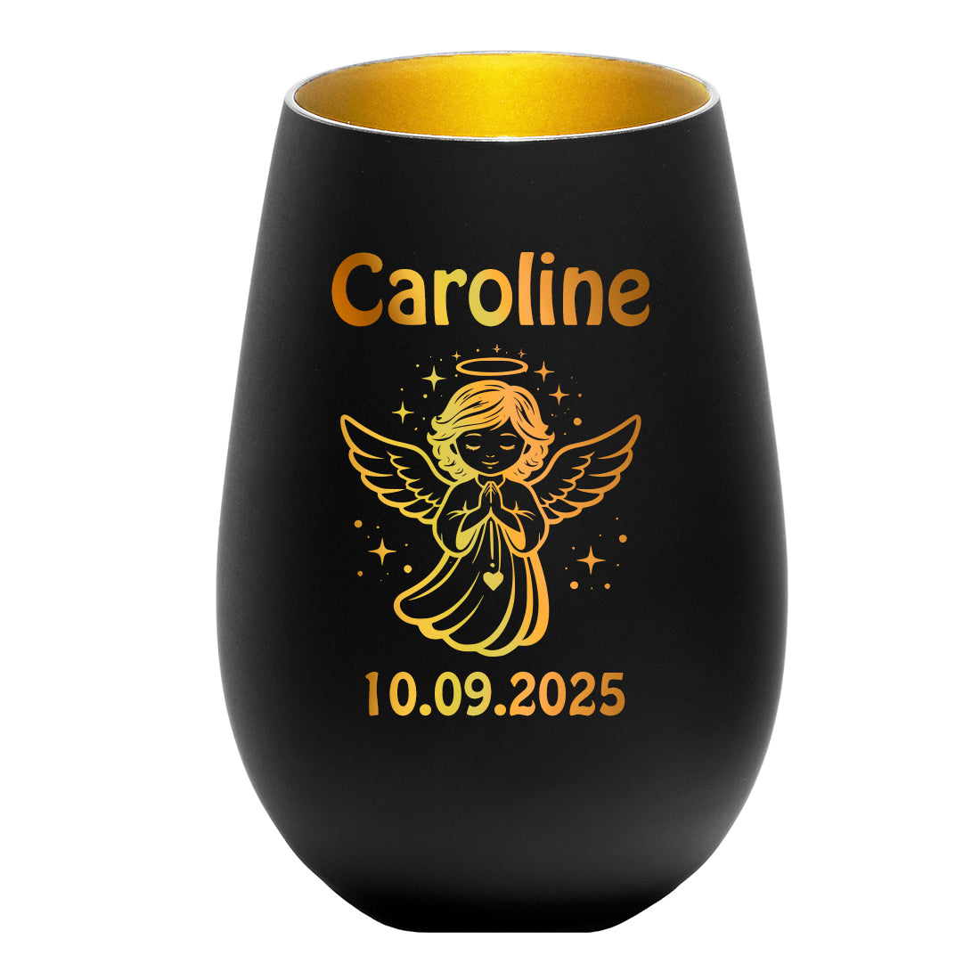 Personalisiertes Teelicht Schwarz-Gold mit Gravur - Name & Datum selbst gestalten