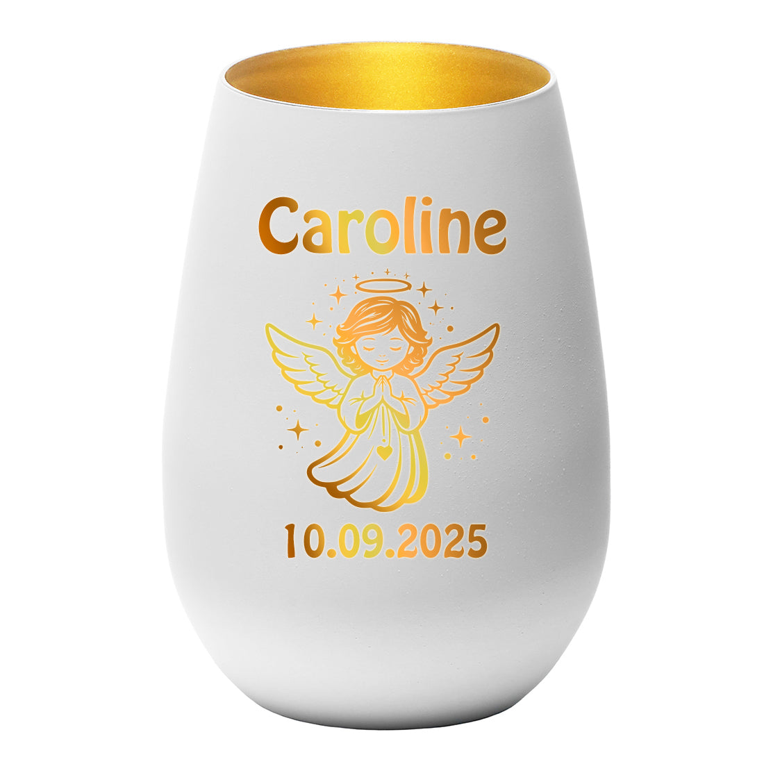 Personalisiertes Windlicht Weiß & Gold mit Name, Datum