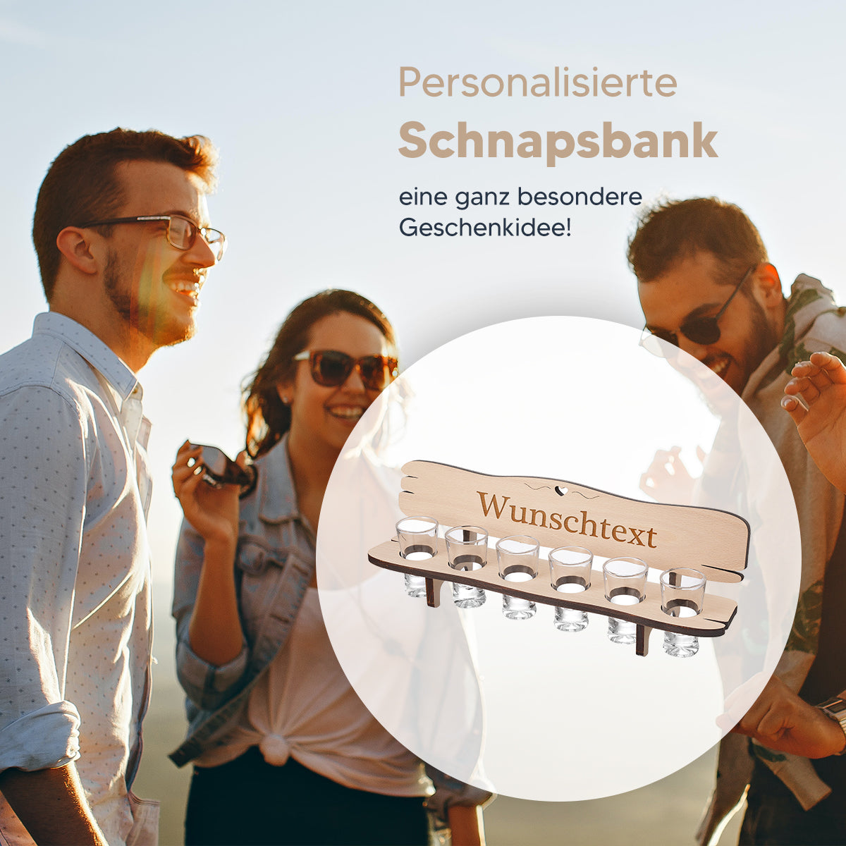 Schnapsbank aus Holz mit 6 Schnapsgläser