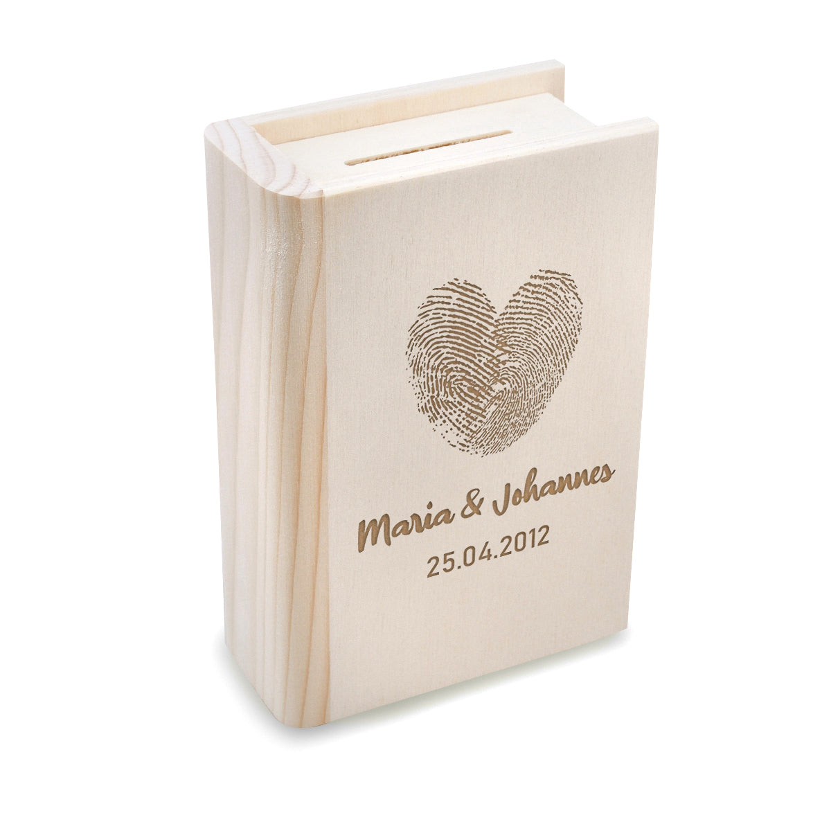 Spardose Buchform aus Holz mit individueller Gravur – Vorderansicht