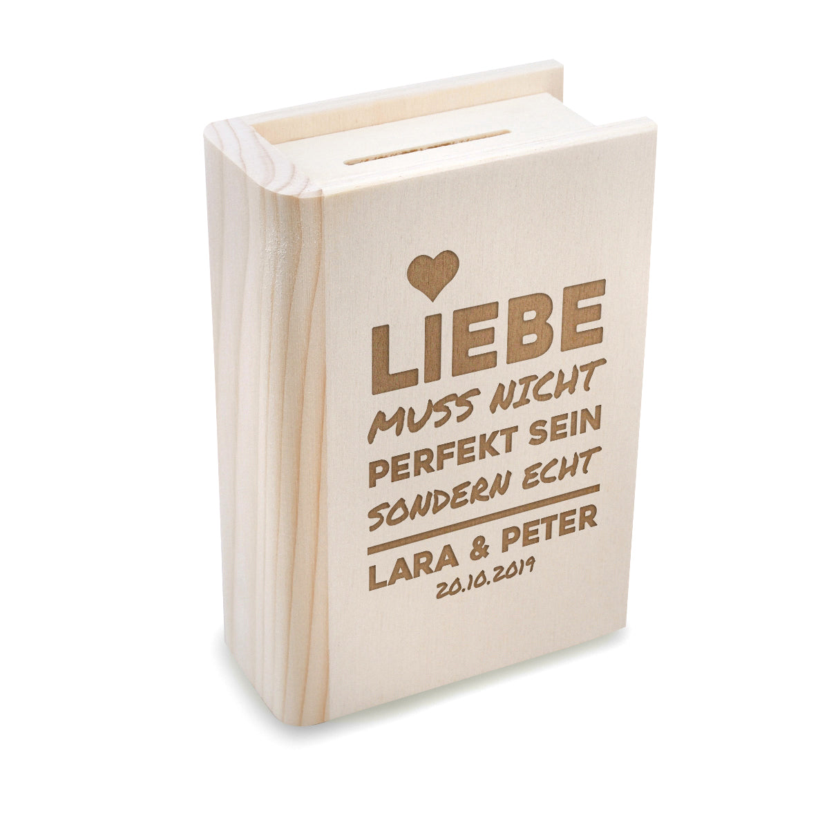 Personalisierte Spardose Buchform "Liebe muss nicht perfekt sein" mit Gravur