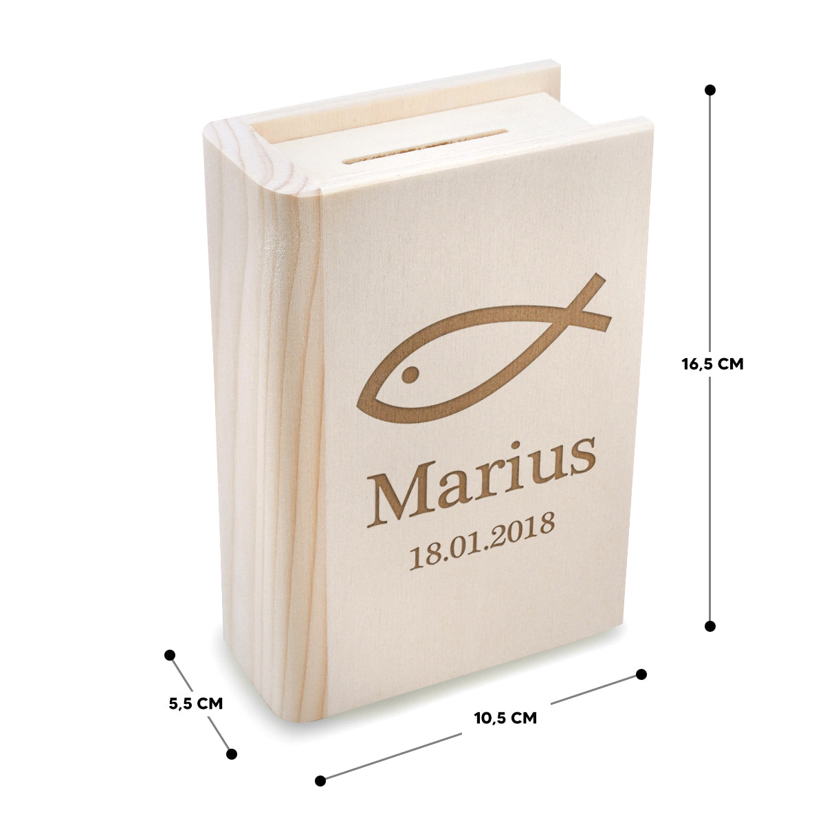 Personalisierte Buch-Spardose aus Holz - Fisch-Motiv & Gravur zur Taufe & Konfirmation