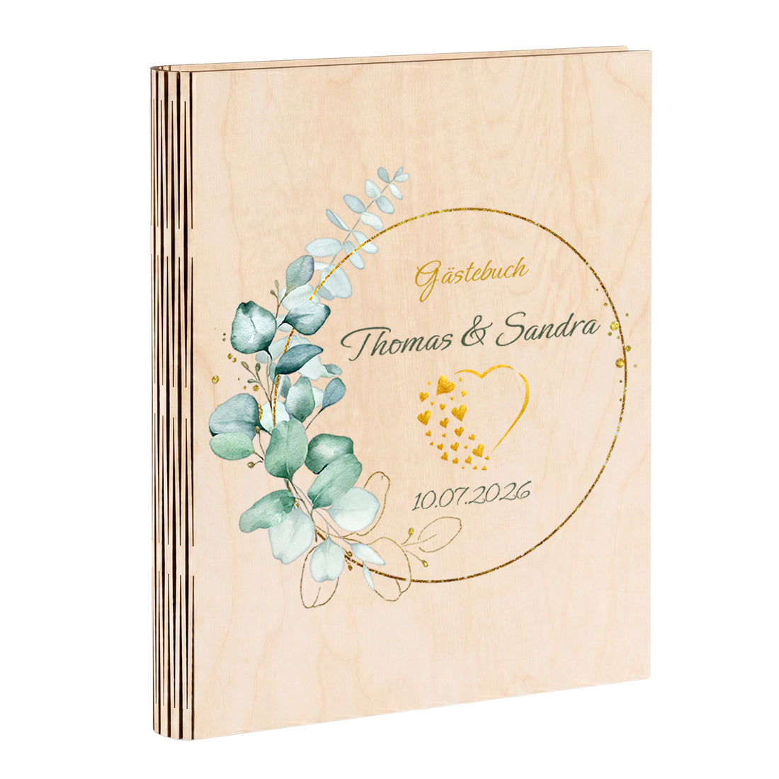 Personalisiertes Hochzeitsgästebuch aus Holz DIN A4 mit Namen & Goldmotiv