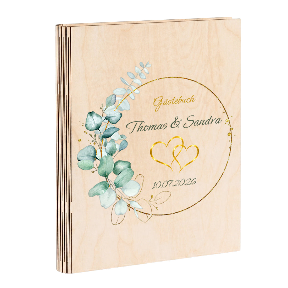 Personalisiertes Hochzeitsgästebuch aus Holz DIN A4 mit Namen & Goldmotiv