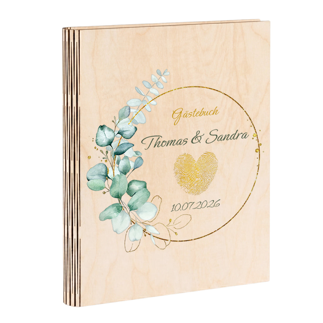 Personalisiertes Hochzeitsgästebuch aus Holz DIN A4 mit Namen & Goldmotiv