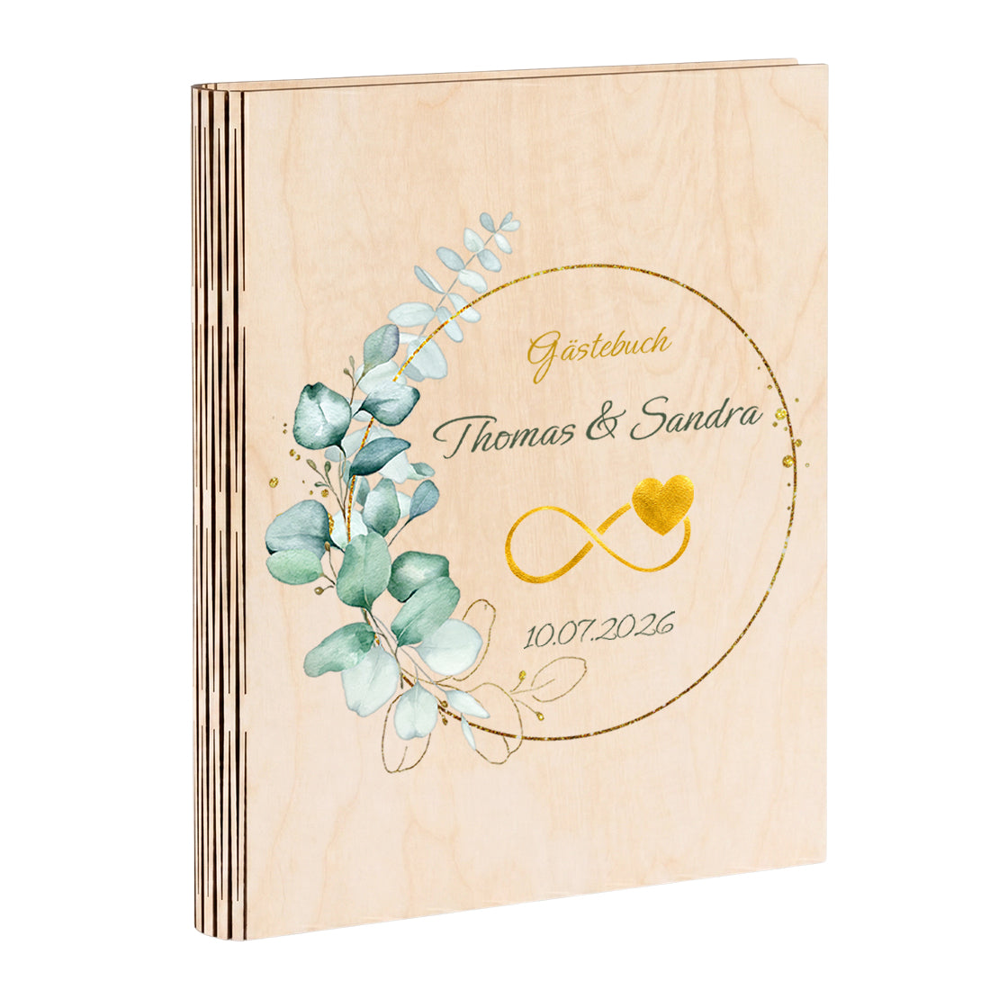 Personalisiertes Hochzeitsgästebuch aus Holz DIN A4 mit Namen & Goldmotiv