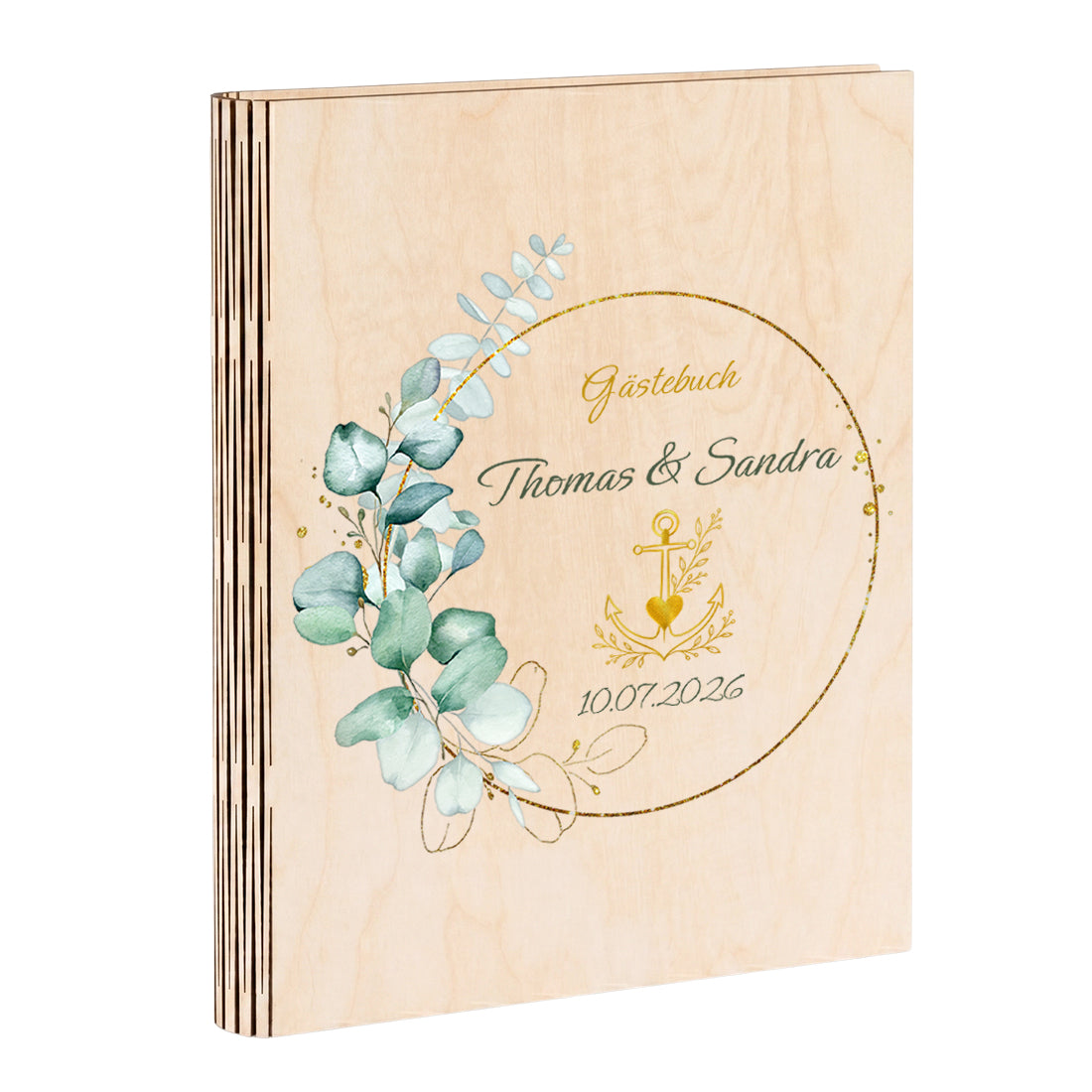 Personalisiertes Hochzeitsgästebuch aus Holz DIN A4 mit Namen & Goldmotiv