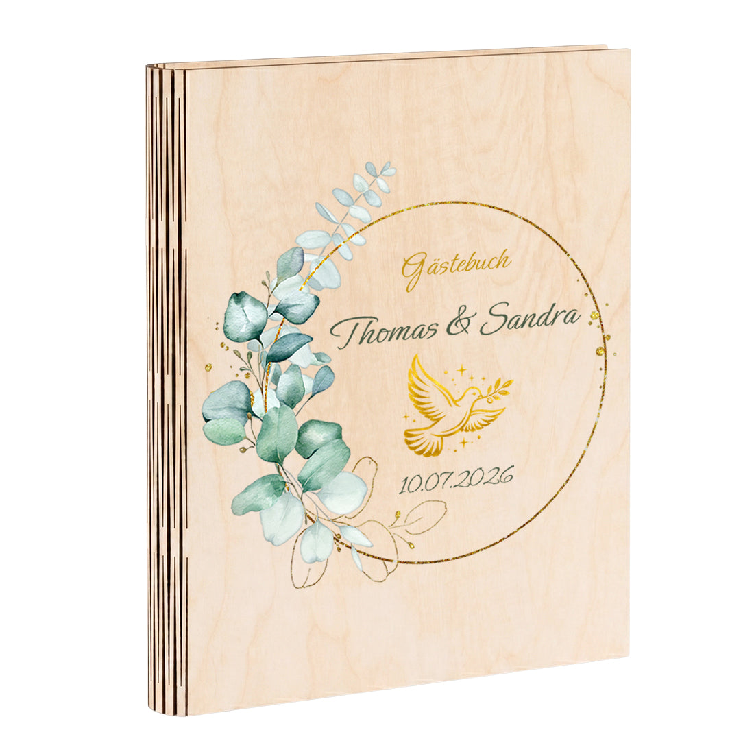 Personalisiertes Hochzeitsgästebuch aus Holz DIN A4 mit Namen & Goldmotiv