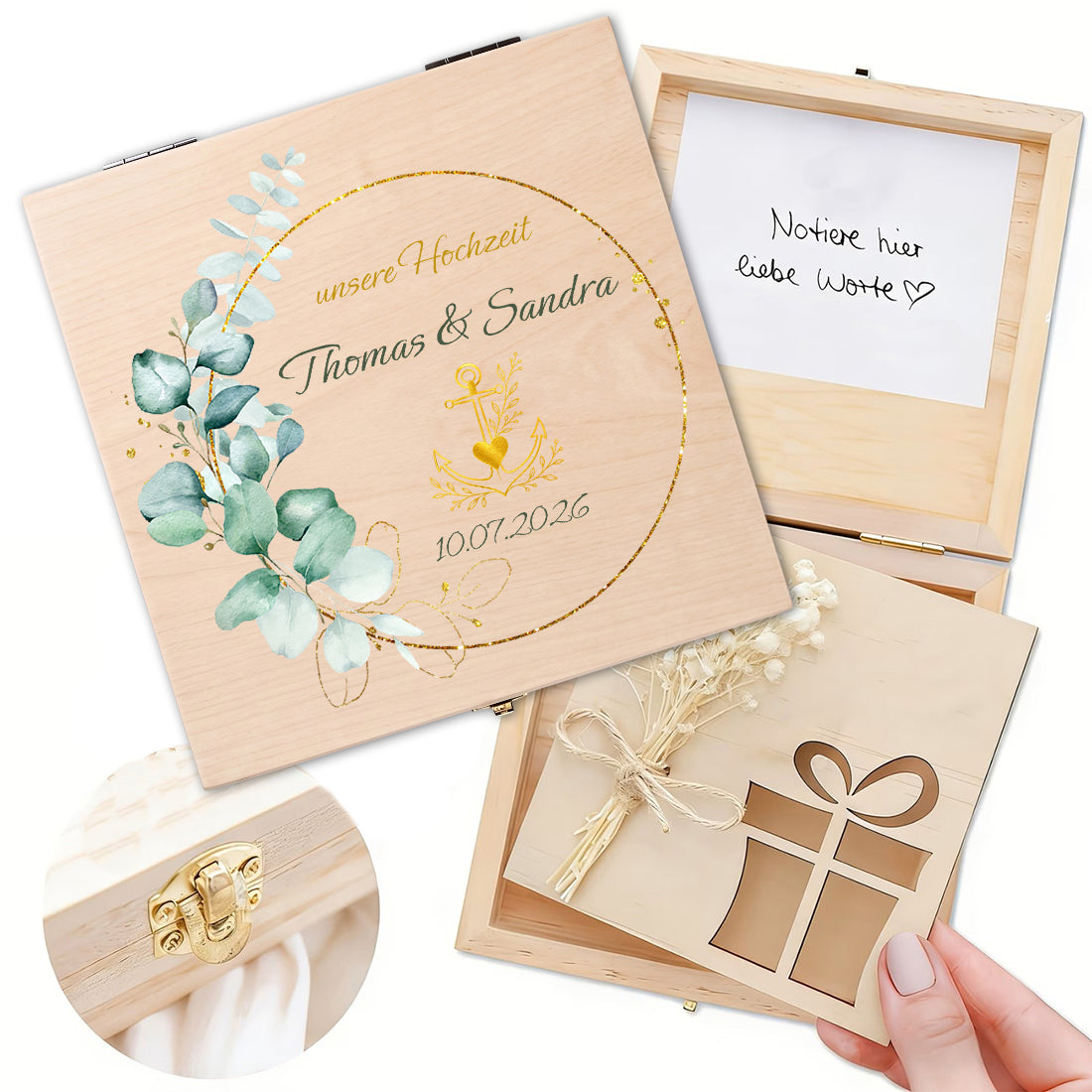 Personalisierte Geldgeschenkbox zur Hochzeit aus Holz mit Namen & Trockenblumen