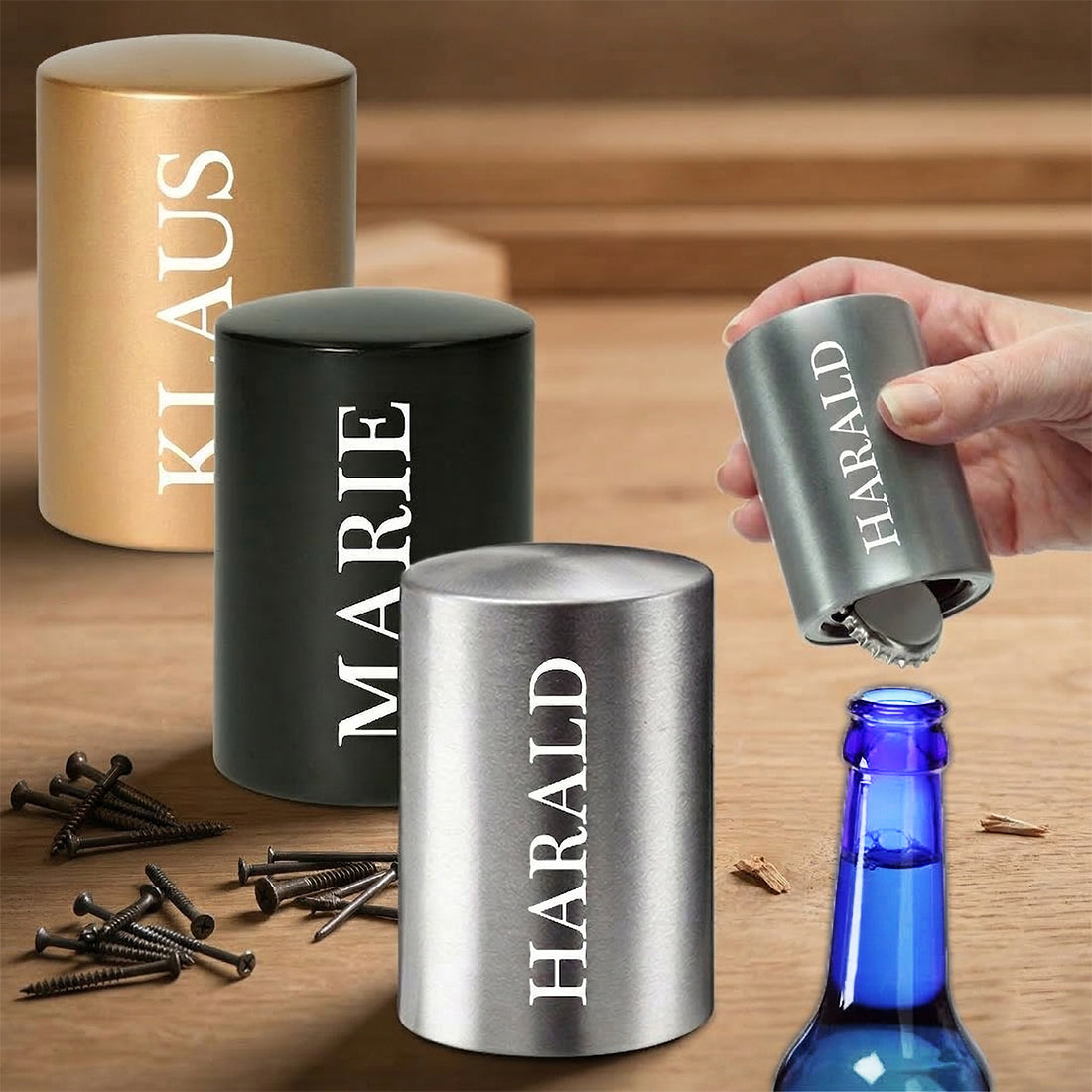 Personalisierter Push-Up Flaschenöffner mit Wunschgravur - In 3 Farben (Silber, Schwarz, Gold