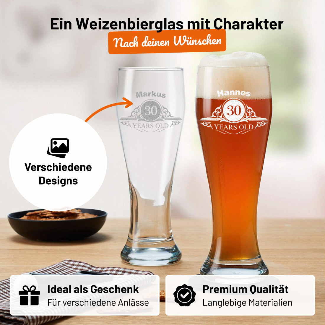 Weizenbierglas 0,5 Liter mit Namen graviert - personalisiertes Geschenk