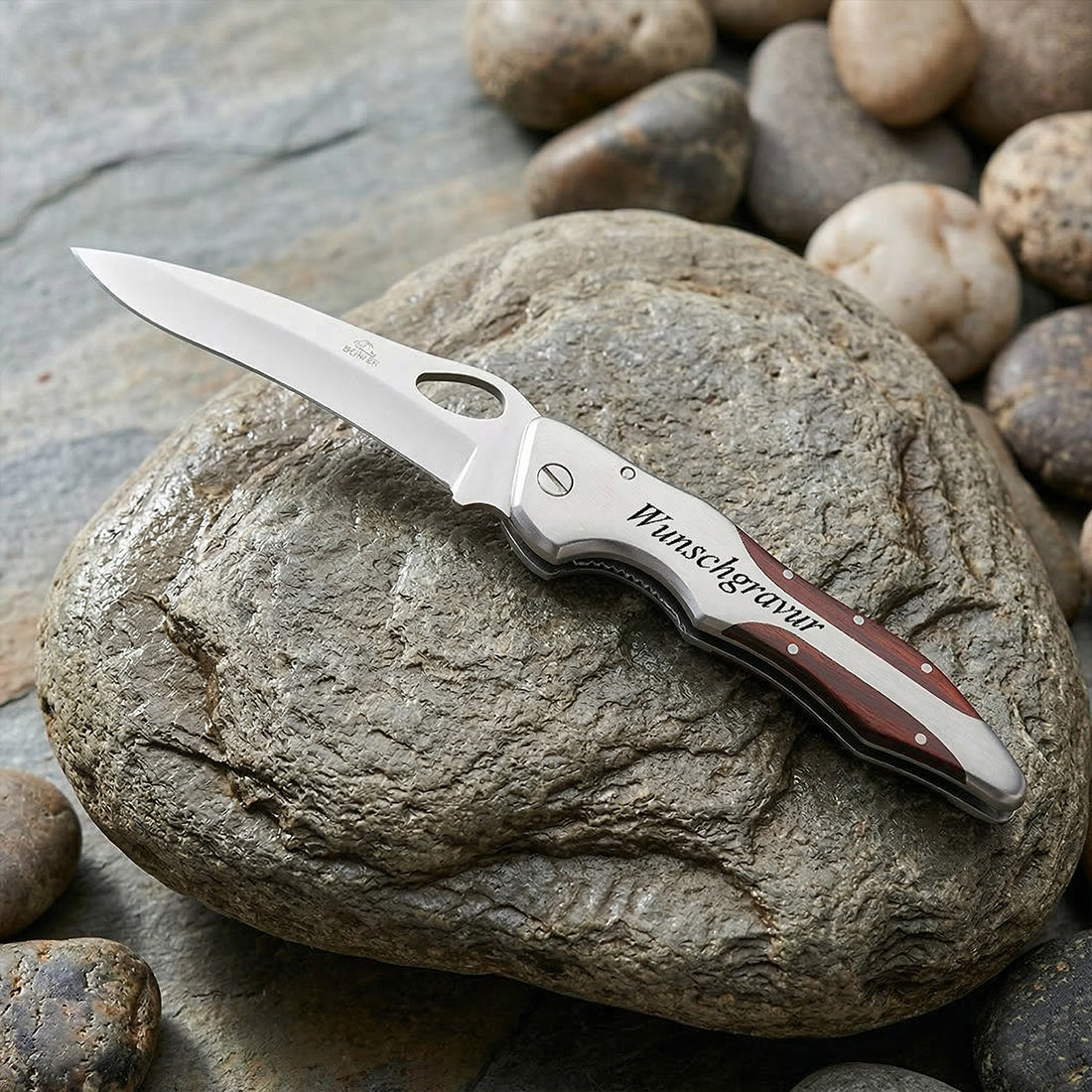 Taschenmesser mit Gravur - Klappmesser aus Edelstahl und Holz mit Geschenketui