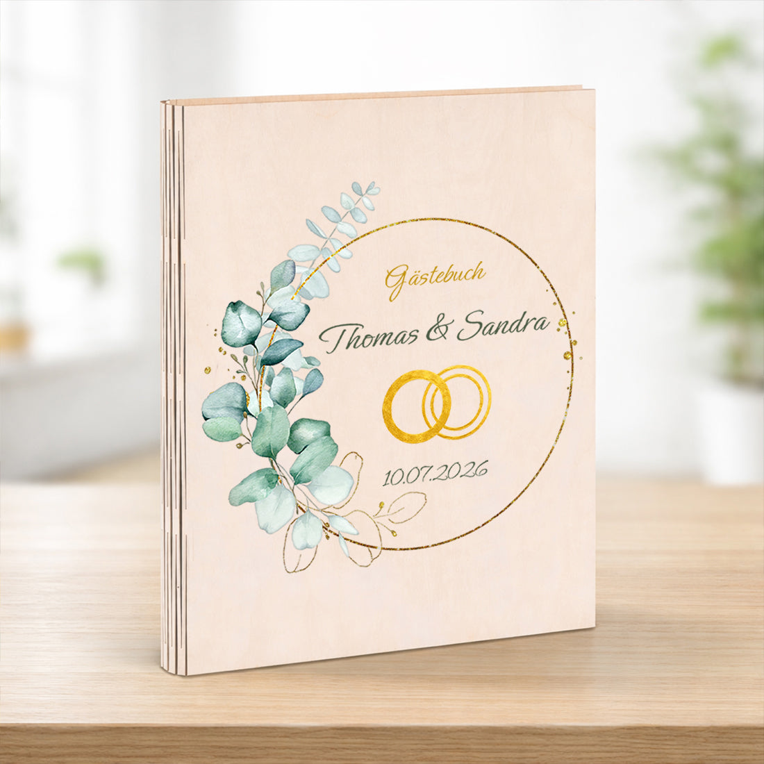 Personalisiertes Hochzeitsgästebuch aus Holz DIN A4 mit Namen & Goldmotiv