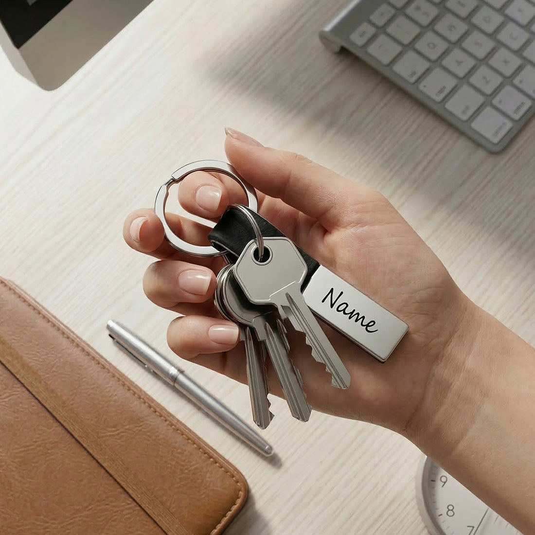 Personalisierter Schlüsselanhänger aus Leder & Metall mit Gravur