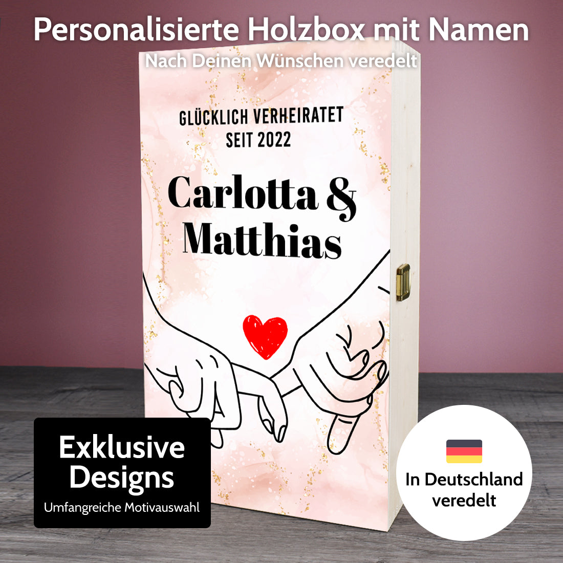 Hochzeitsgeschenk 3er-Set Sektgläser + Holzkiste mit UV-Druck