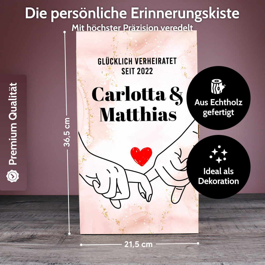 Hochzeitsgeschenk 3er-Set Sektgläser + Holzkiste mit UV-Druck