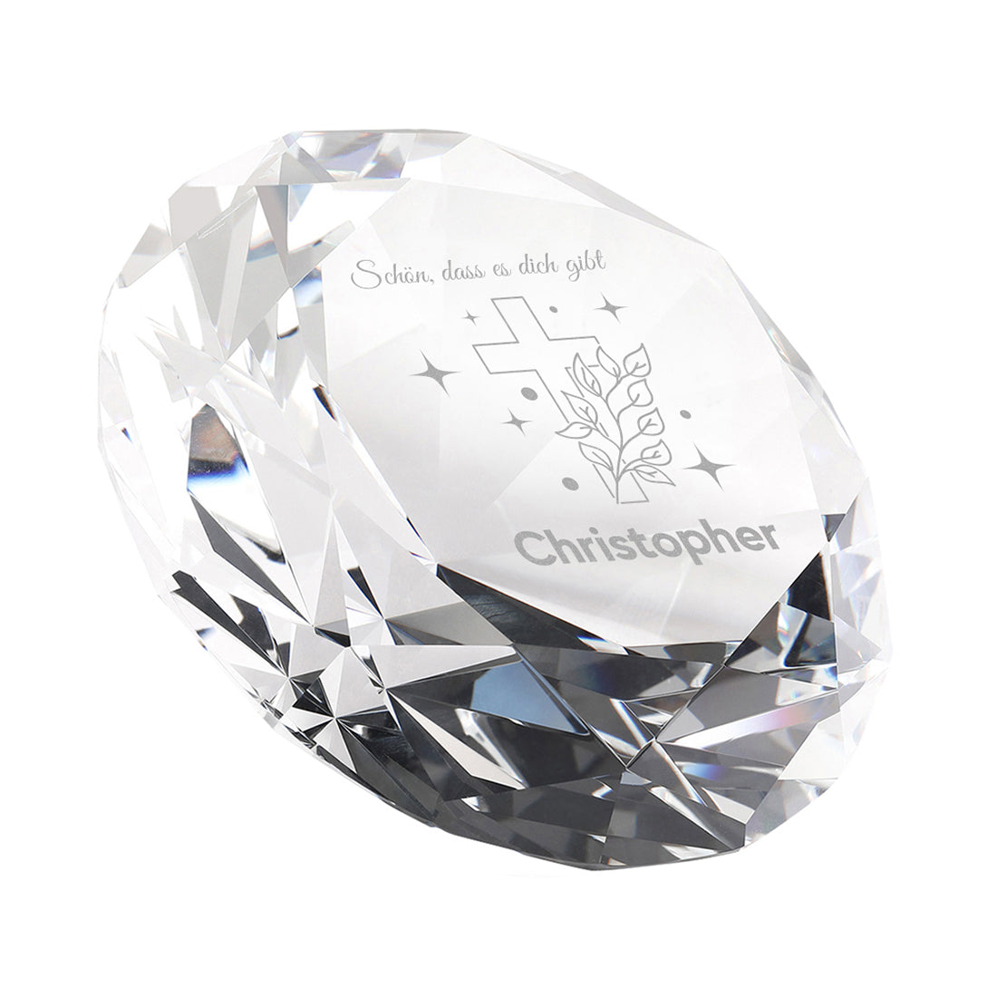Glasdiamant "Kreuz & Blätter" mit Gravur – Geschenk zur Kommunion & Konfirmation