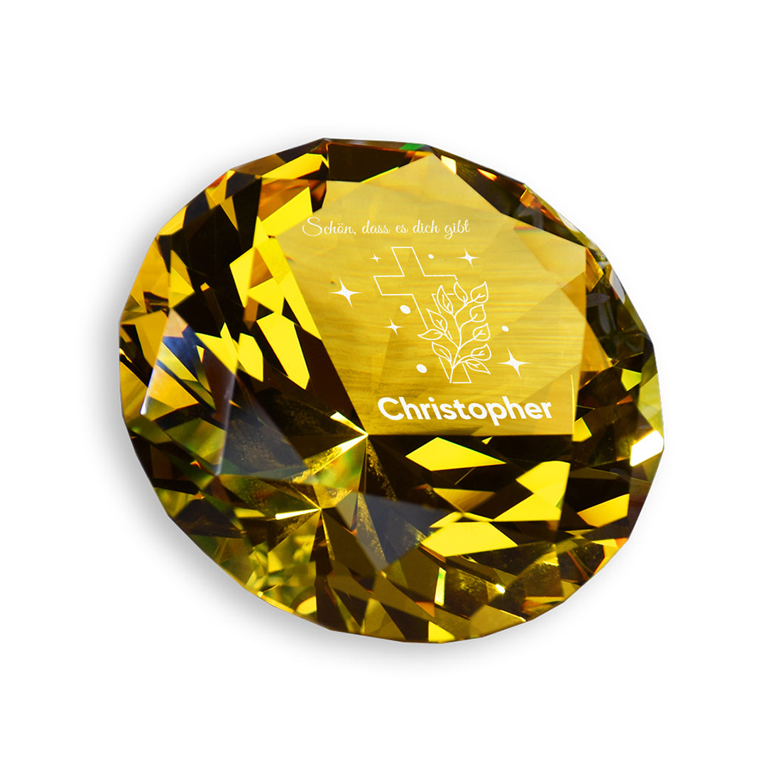 Glasdiamant "Kreuz & Blätter" mit Gravur – Geschenk zur Kommunion & Konfirmation
