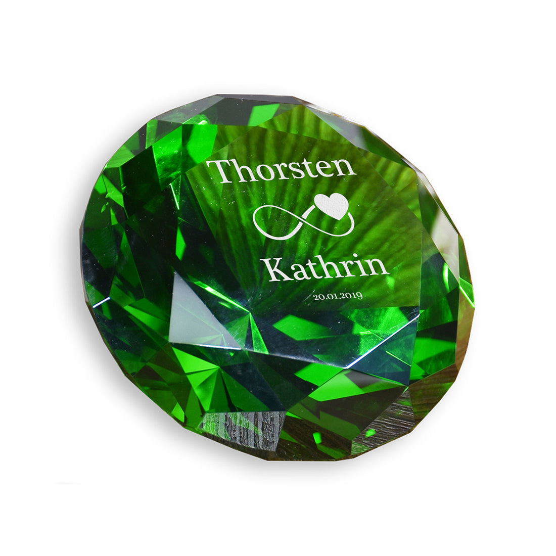 Glasdiamant "Unendlichkeit & Herz" mit Gravur – Geschenk zur Hochzeit & Jahrestag