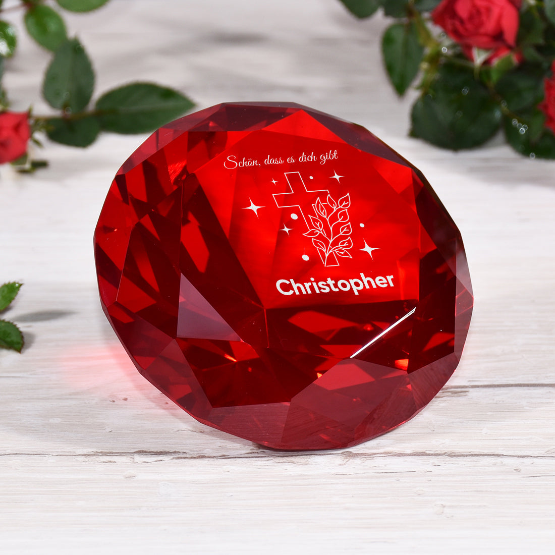 Glasdiamant "Kreuz & Blätter" mit Gravur – Geschenk zur Kommunion & Konfirmation