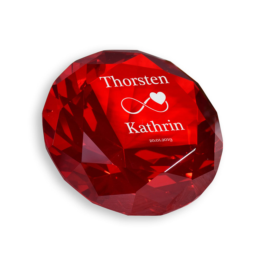 Glasdiamant "Unendlichkeit & Herz" mit Gravur – Geschenk zur Hochzeit & Jahrestag