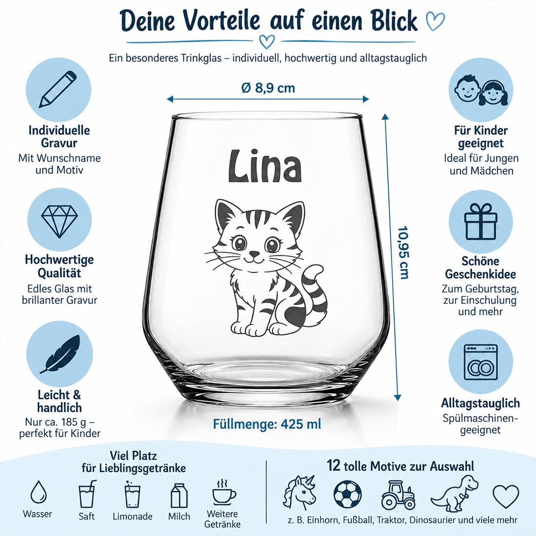 Personalisiertes Kinderglas mit Namen & Wunschmotiv 425 ml