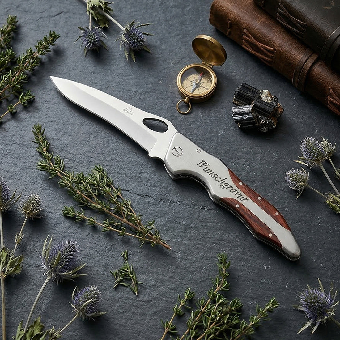 Taschenmesser mit Gravur - Klappmesser aus Edelstahl und Holz mit Geschenketui