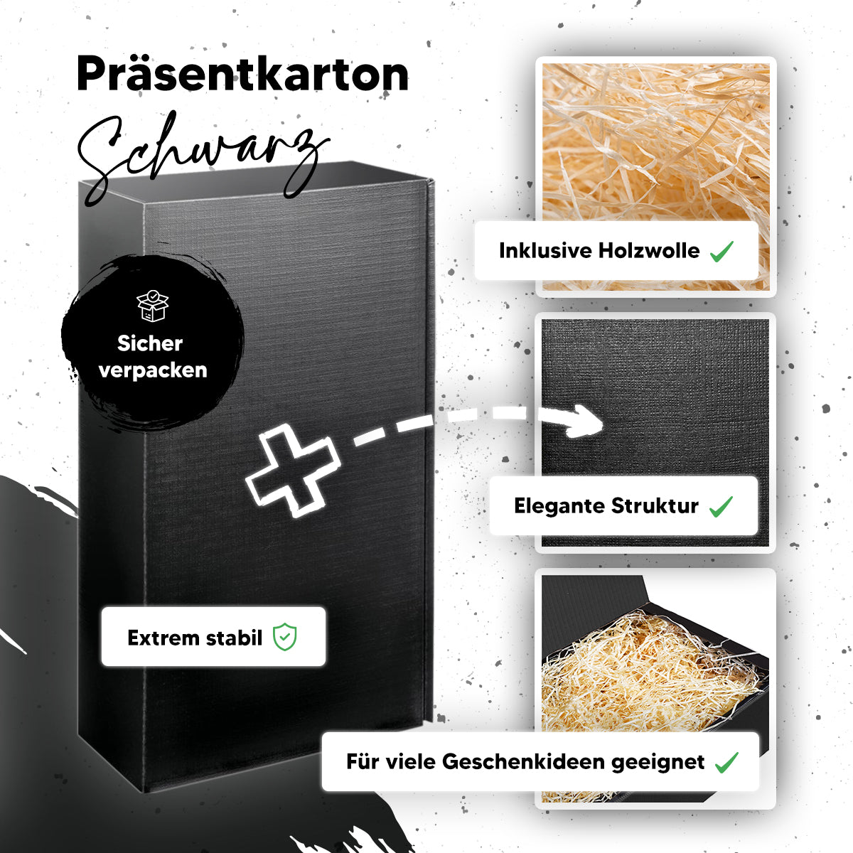 Schwarze Premium-Präsentbox - 360 x 185 x 95 mm inkl. Holzwolle