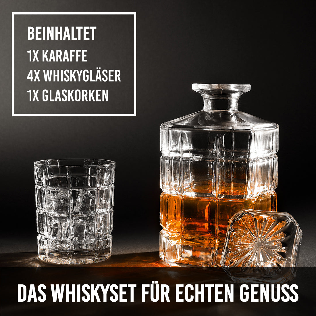 Whisky-Set 5-teilig Karaffe 800 ml & 4 Whiskygläser 320 ml - Ideal für Whiskyliebhaber