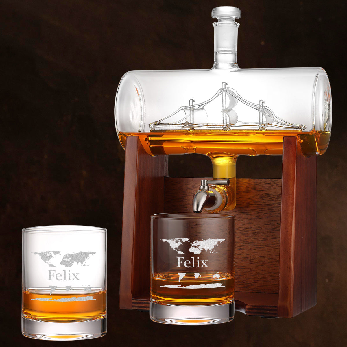Segelschiff Dekanter Set "Weltkarte" mit 2 Whisky Tumbler