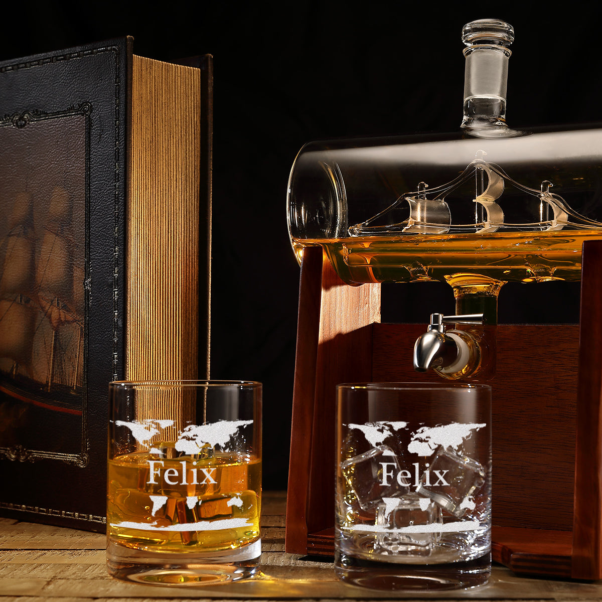 Segelschiff Dekanter Set "Weltkarte" mit 2 Whisky Tumbler