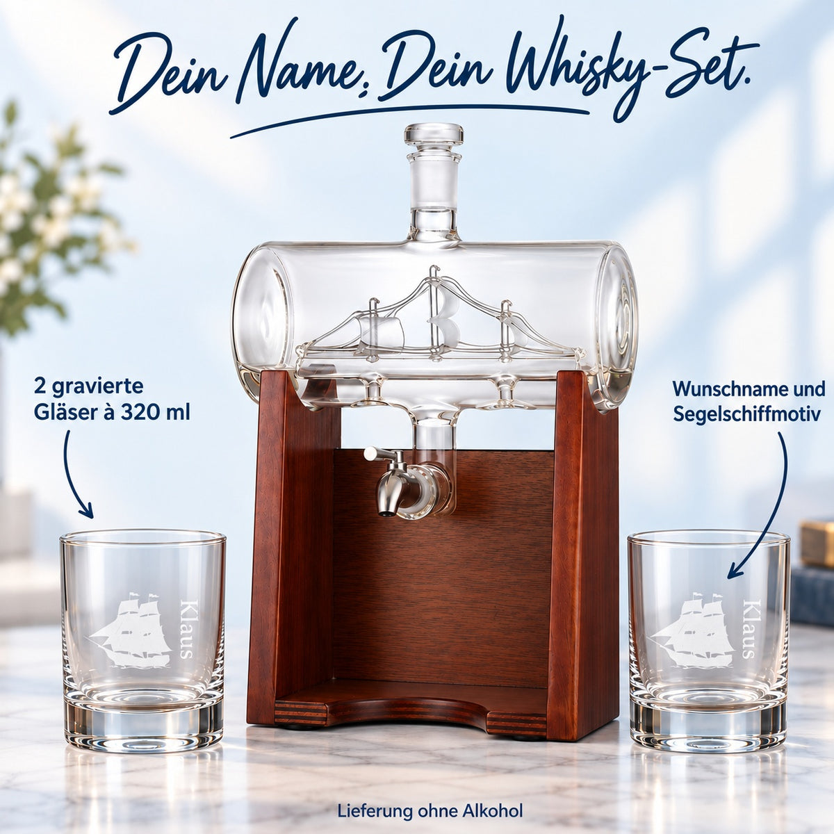 Motiv Segelschiff: zwei gravierte Gläser à 320 ml mit persönlicher Gravur; Lieferung ohne Alkohol