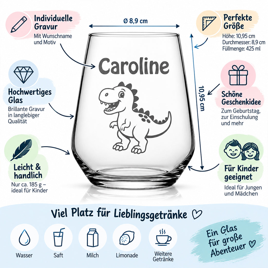Personalisiertes Kinderglas mit Namen & Wunschmotiv 425 ml