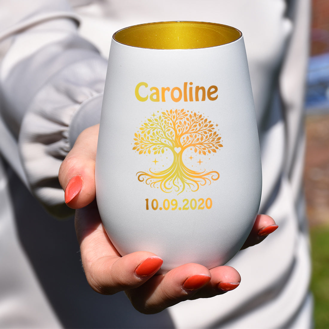 Personalisiertes Windlicht Weiß & Gold mit Name, Datum