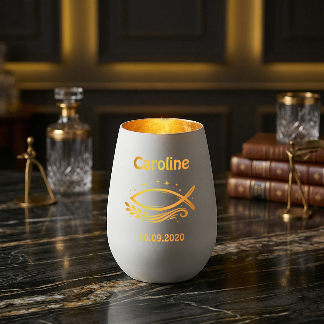 Personalisiertes Windlicht Weiß & Gold mit Name, Datum