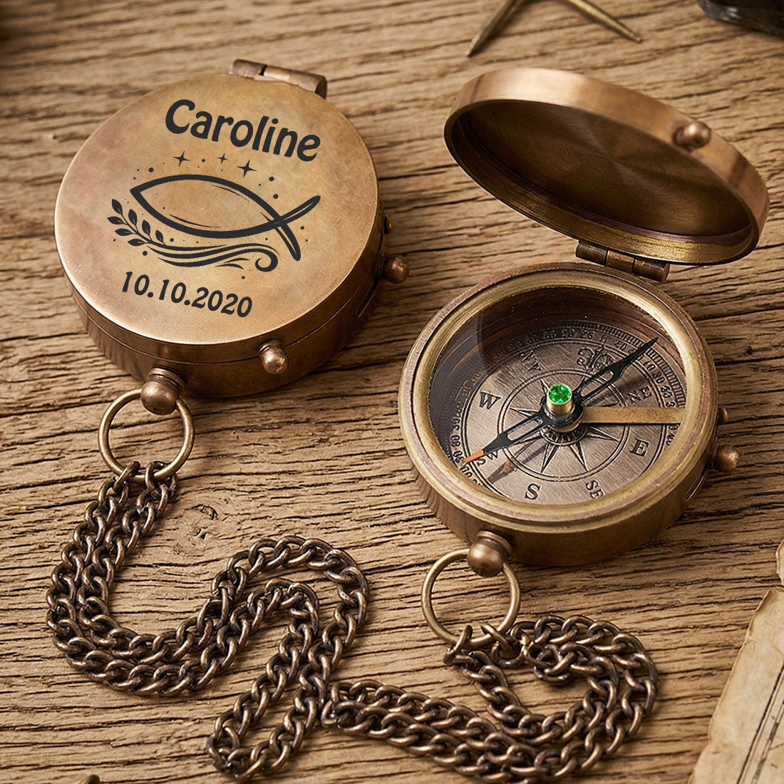 Personalisierter Messing-Kompass mit Gravur - 7 Christliche Motive zur Taufe & Kommunion