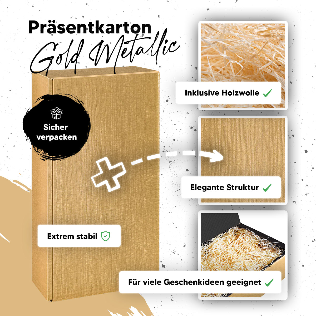 Goldene Premium-Präsentbox - 360 x 185 x 95 mm inkl. Holzwolle