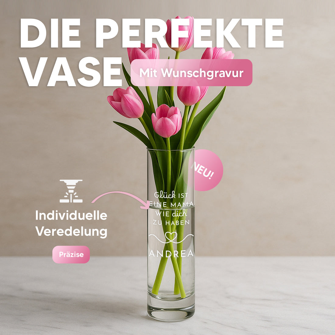 Blumenvase Zylinder aus Glas mit Gravur für Mama